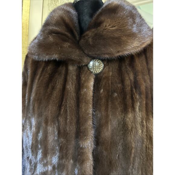 Mink Fur Coat Size L/XL dark brown cuffs ,wide collar print lining euc SEE MEASU - Picture 9 of 16